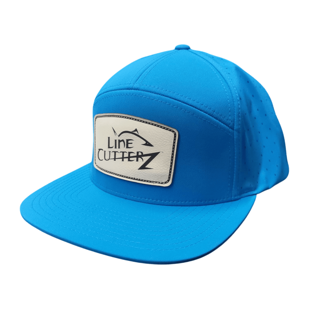 Line Cutterz Performance 7 Panel Flat Bill Snapback Hats Line Cutterz Marine Blue Ivory Leather/Black 