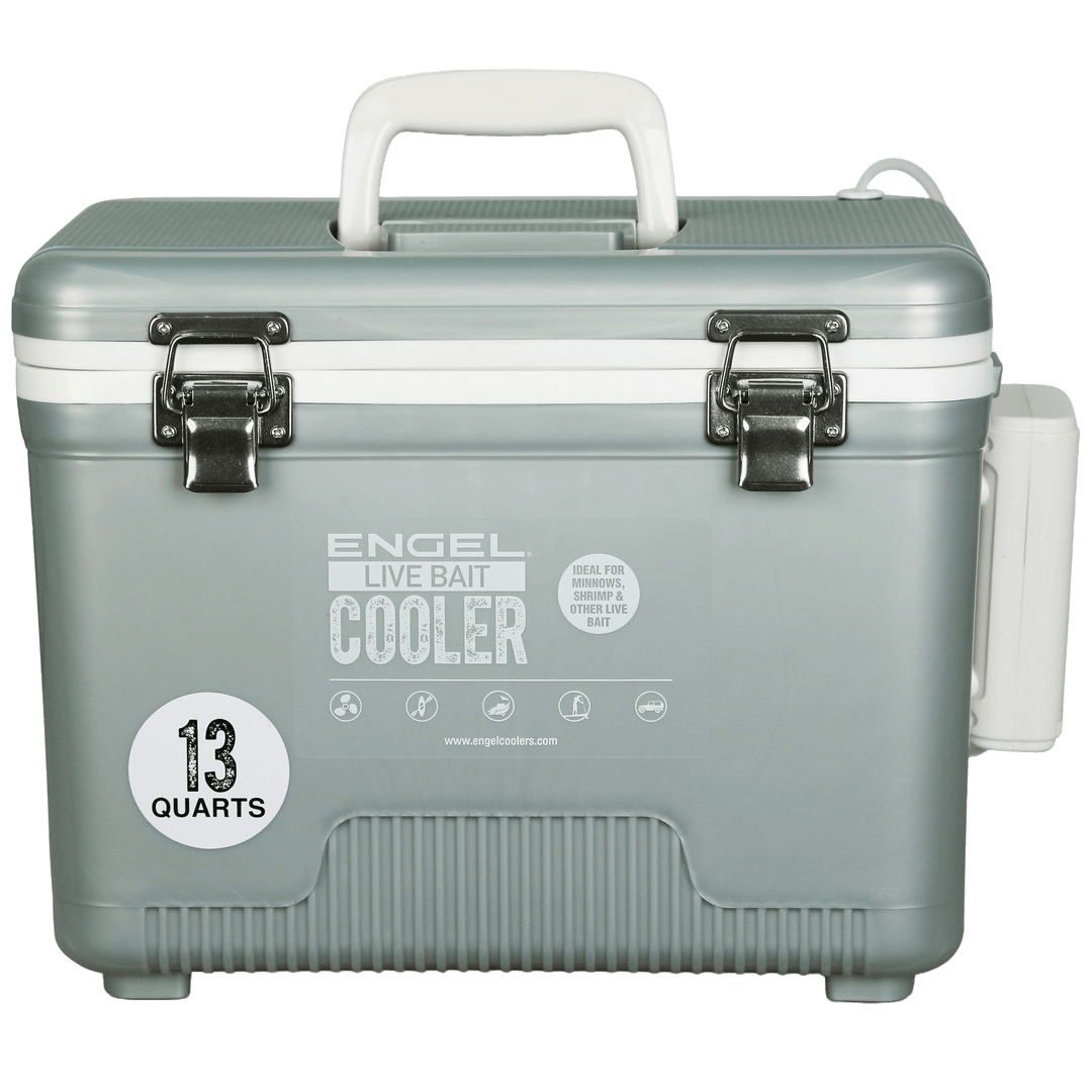 Engel® 13Qt Live Bait Pro Cooler with Rechargeable Aerator & Stainless Hardware Engel Coolers Silver 