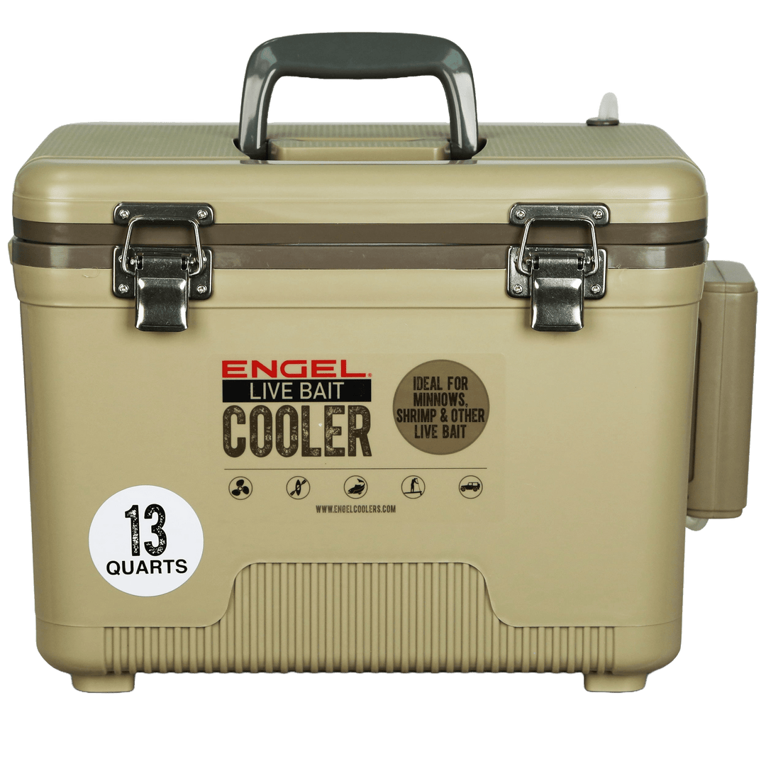 Engel® 13Qt Live Bait Pro Cooler with Rechargeable Aerator & Stainless Hardware Engel Coolers Tan 