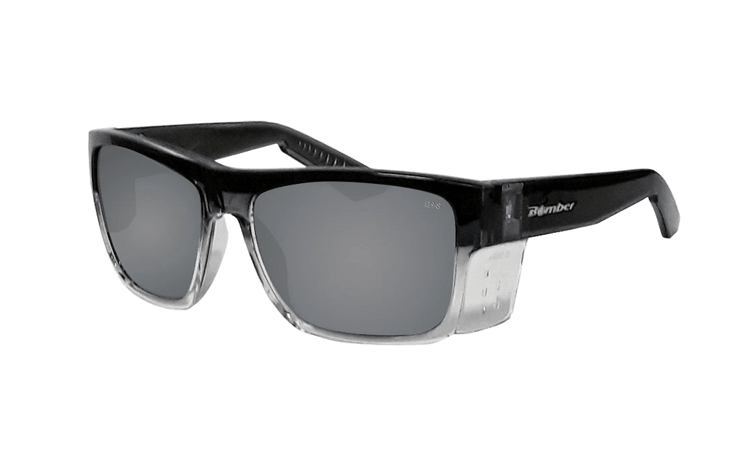 Bomber Floating Safety Eyewear Accessories Bomber Clutch 2-Tone Crystal Smoke Frame Silver Mirror Safety Lens