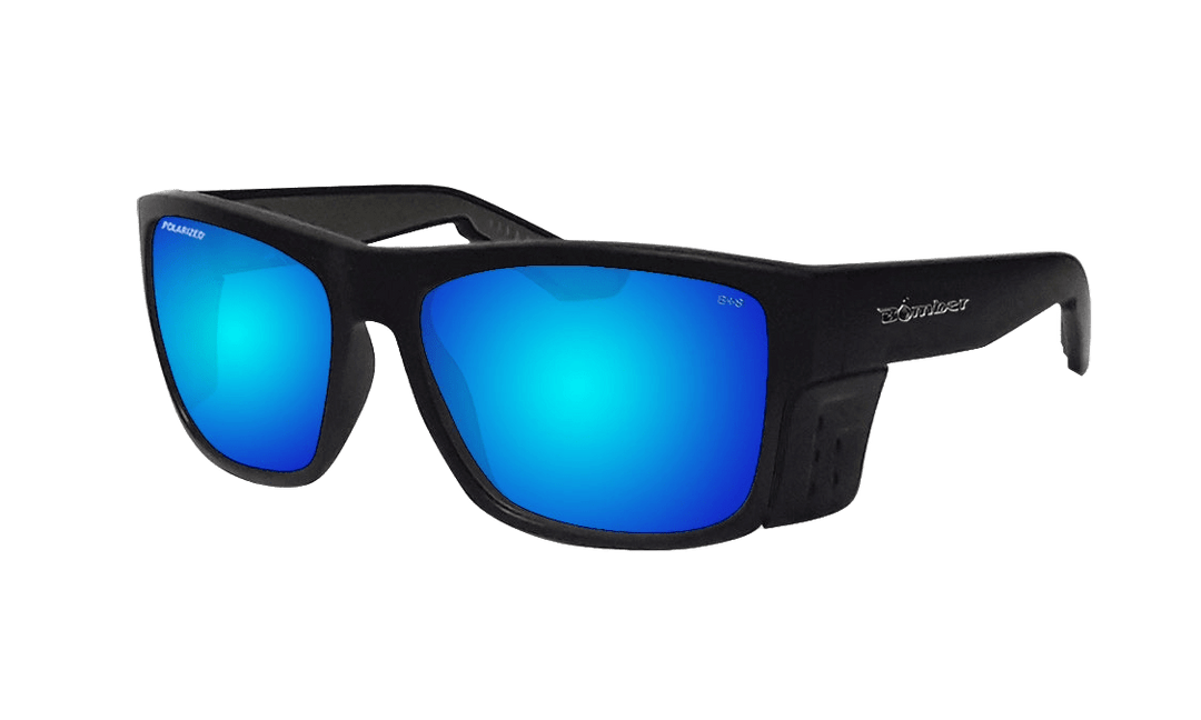 Bomber Polarized Floating Eyewear Accessories Bomber Clutch Matte Black Frame Ice Blue Mirror Polarized Lens