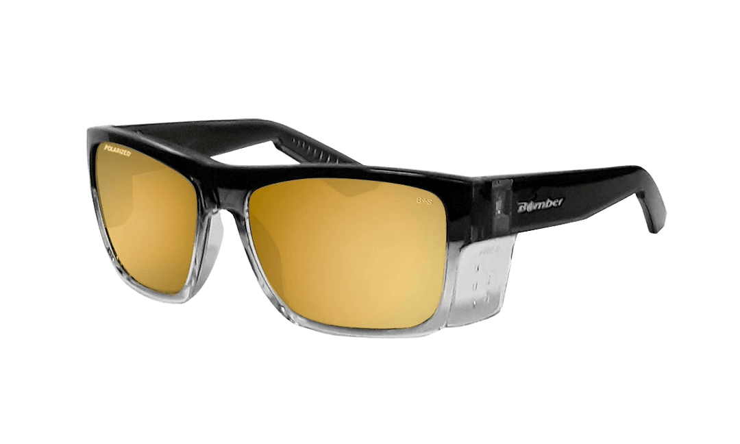 Bomber Polarized Floating Eyewear Accessories Bomber Clutch 2-Tone Smoke Frame Gold Mirror Polarized Lens