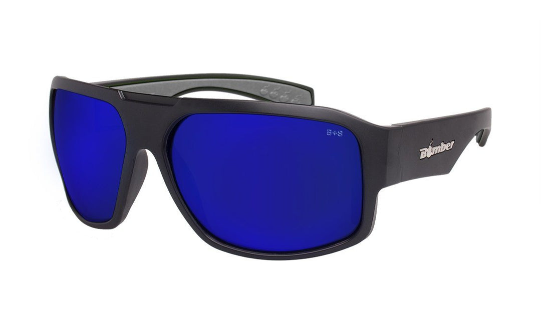 Bomber Floating Safety Eyewear Bomber Mega Bomb Matte Black Frame Blue Mirror Safety Lens